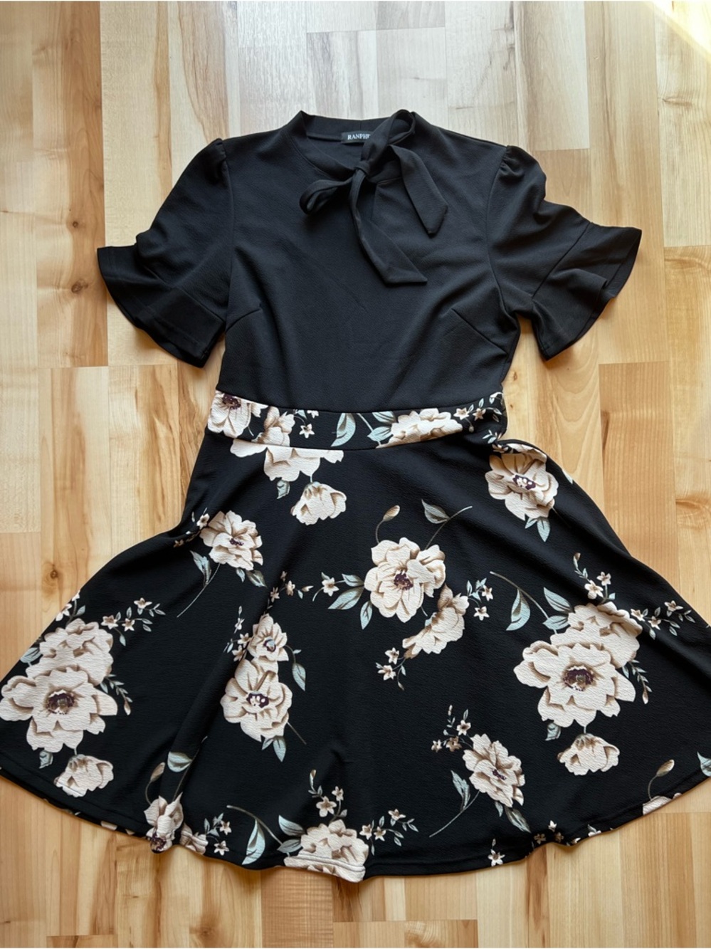 Black Tie-Neck Floral Fit & Flare Dress